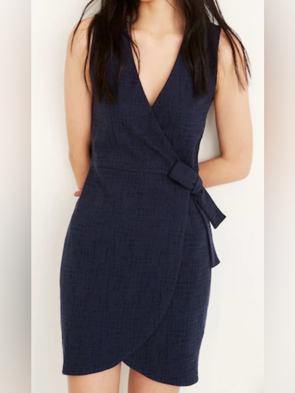 Madewell Texture & Thread Navy Crosshatch Side Tie Faux Wrap Mini Dress Size XS